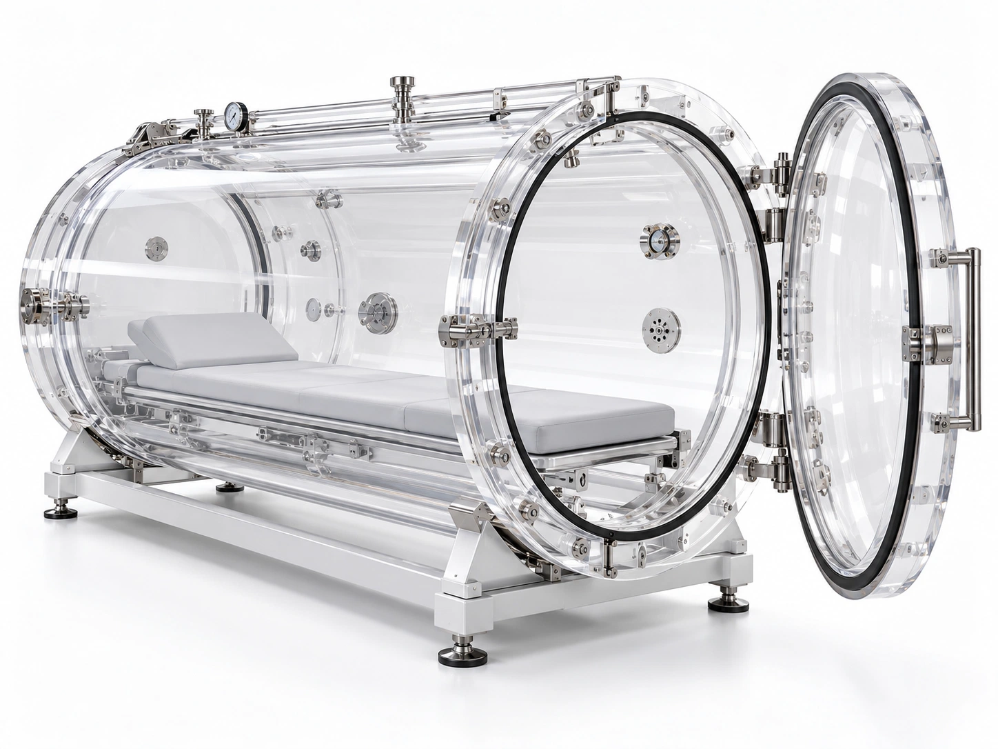Illustrative transparent hyperbaric chamber concept with the end door open